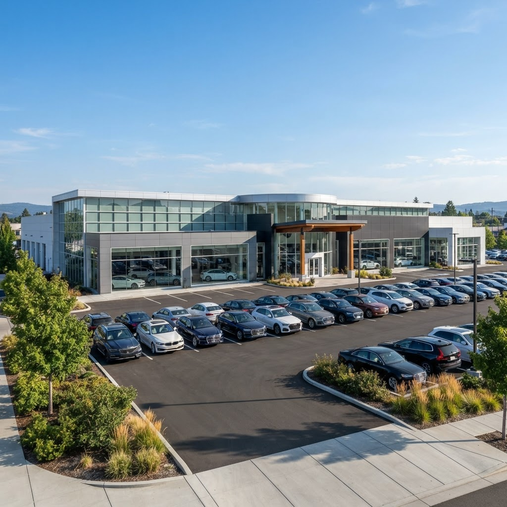 Exterior of a modern multi-brand car dealership with vehicles parked in the front lot