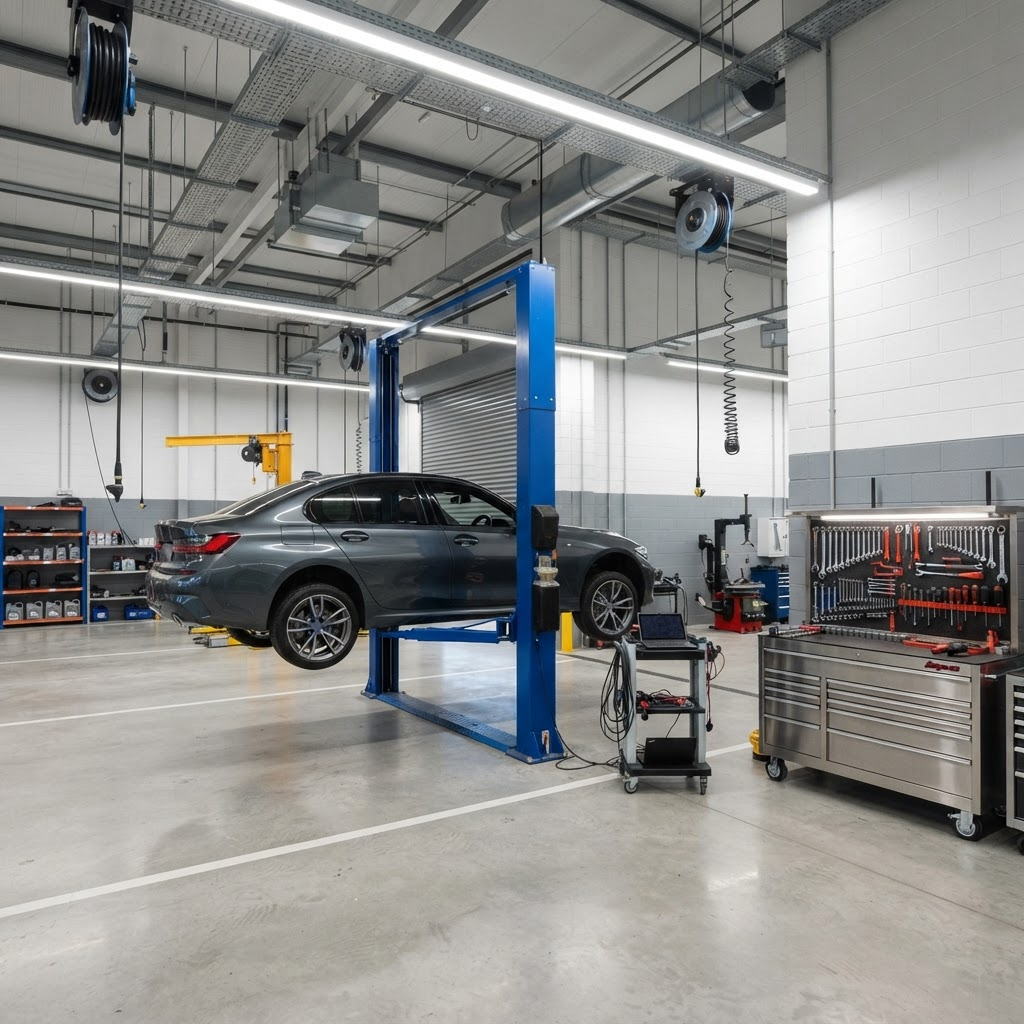 Modern automotive service workshop with a vehicle on a hydraulic lift